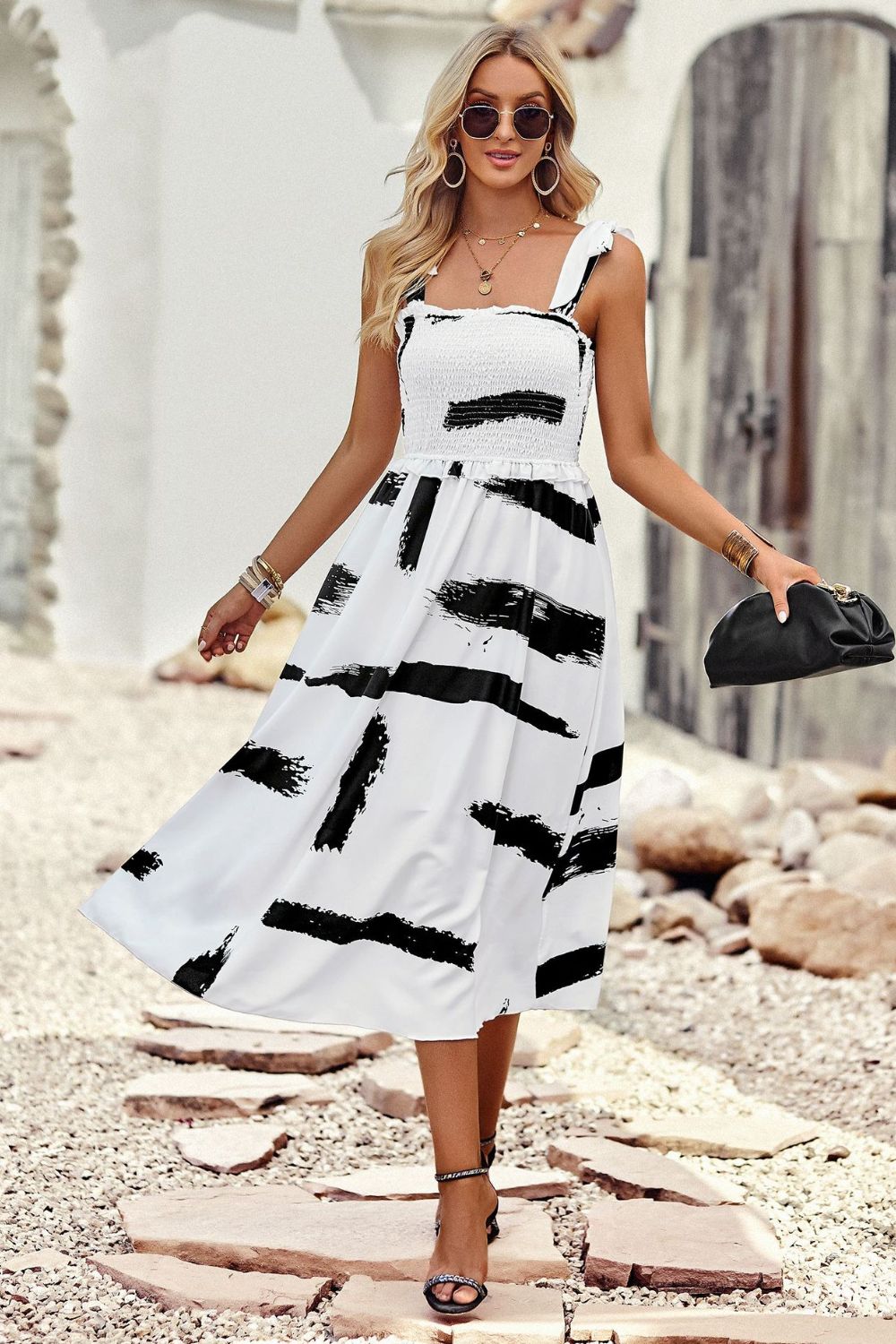 Printed Smocked Tie Shoulder Midi Dress White & Black