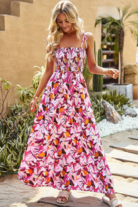 Printed Tie-Shoulder Smocked Maxi Dress Pink