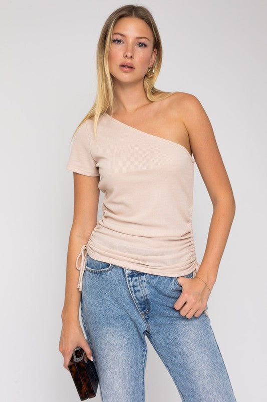 ONE SHOULDER SIDE RUSHING SLEEVELESS TOP