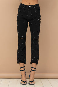 Studded Rhinestone Distressed Denim Jeans