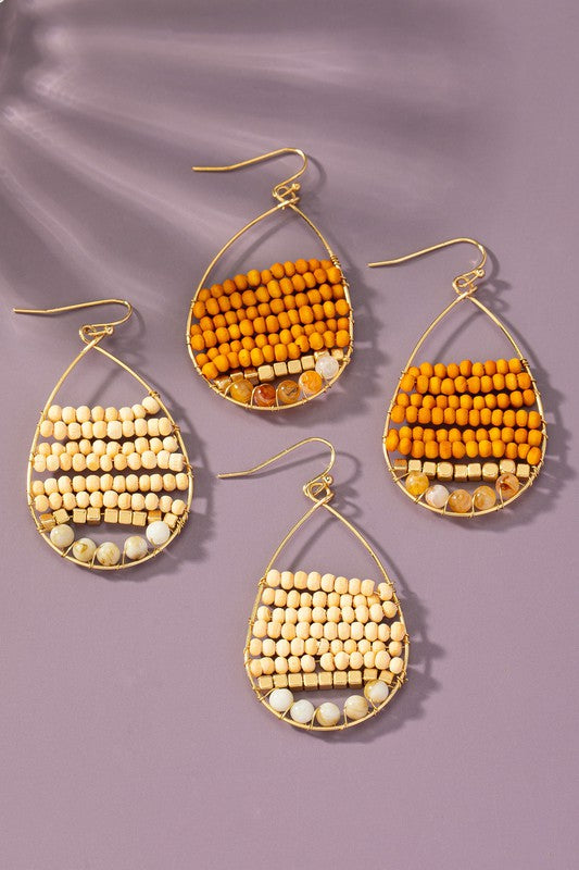 Hand woven wood and agate bead teardrop earrings