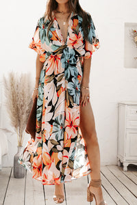 Plunge Printed Split Midi Dress