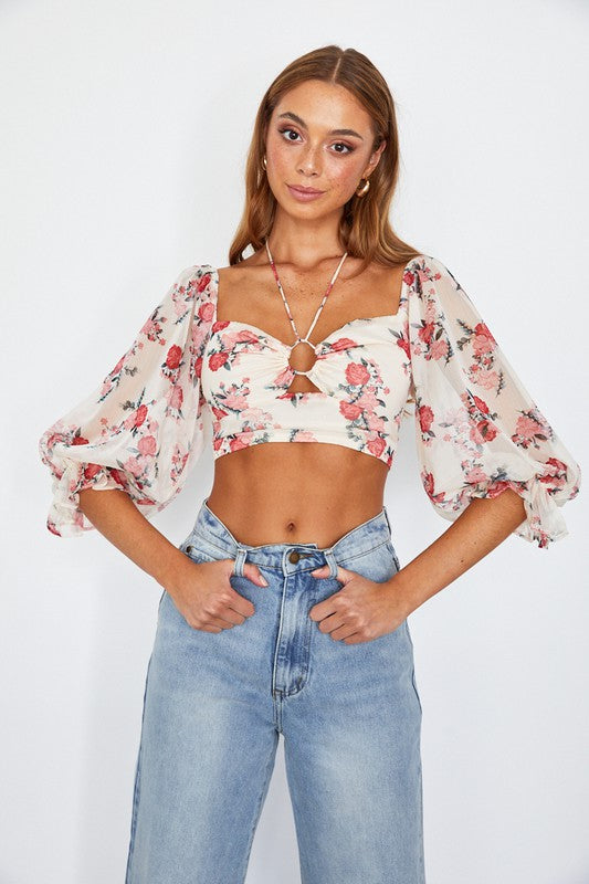 Floral Crop Top Chiffon Ballon Sleeved