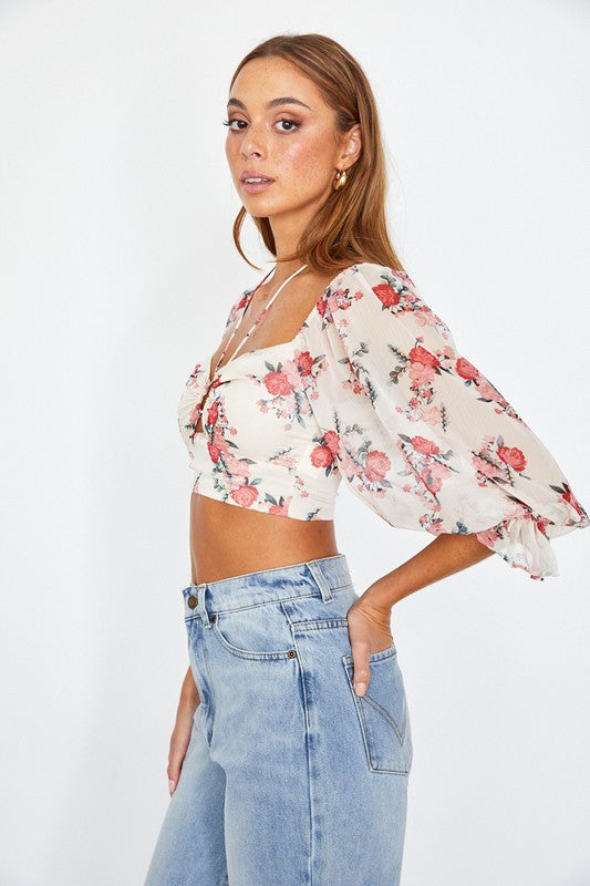 Floral Crop Top Chiffon Ballon Sleeved