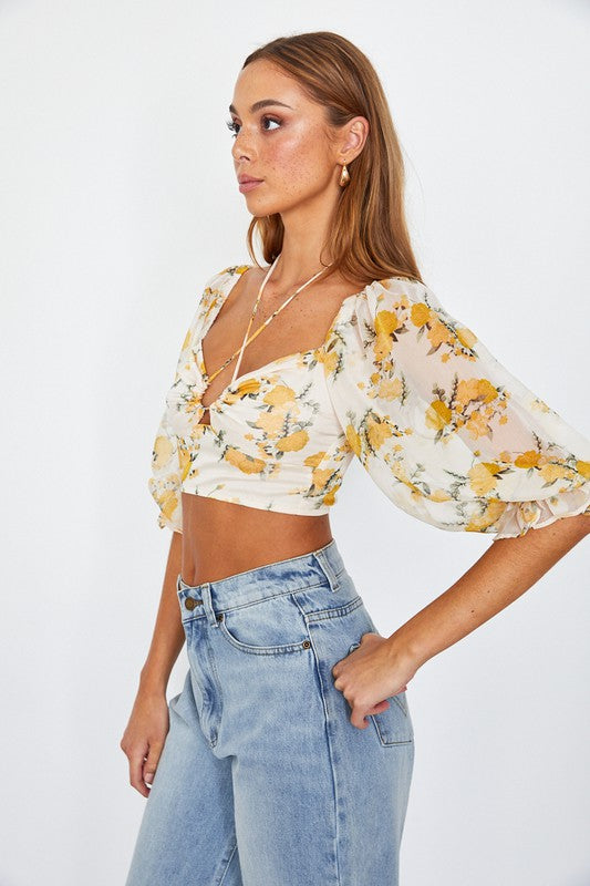 Floral Crop Top Chiffon Ballon Sleeved