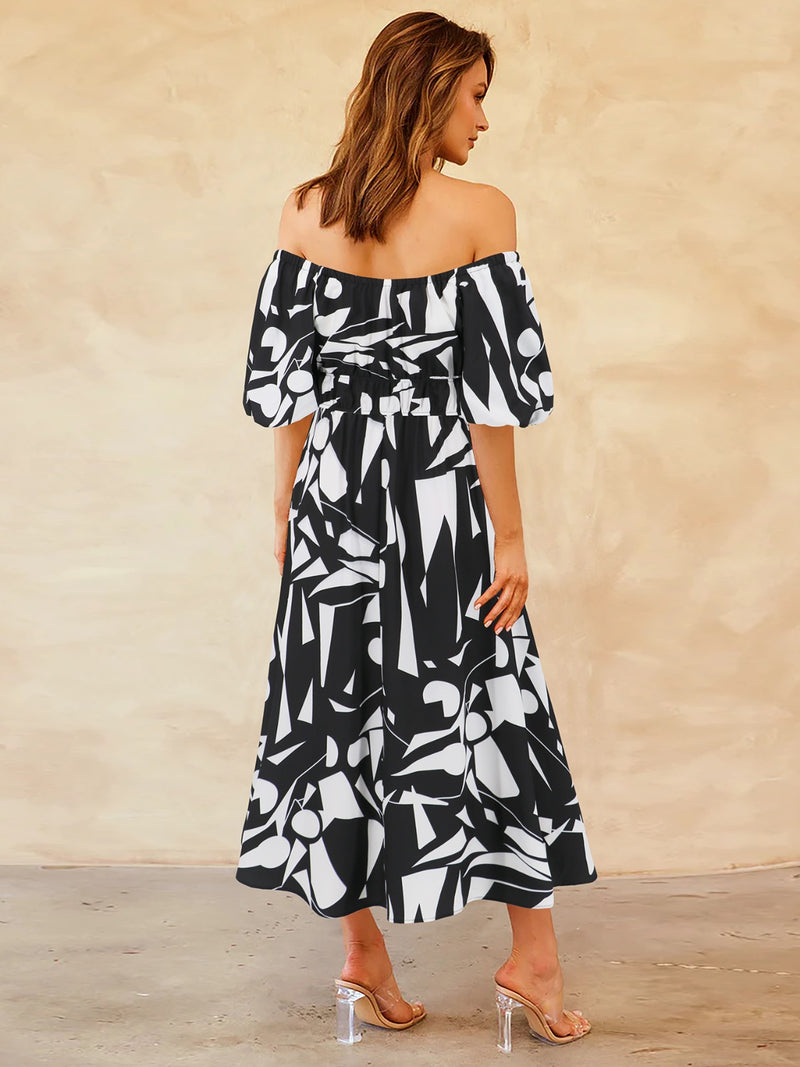 Printed Off-Shoulder Balloon Sleeve Dress