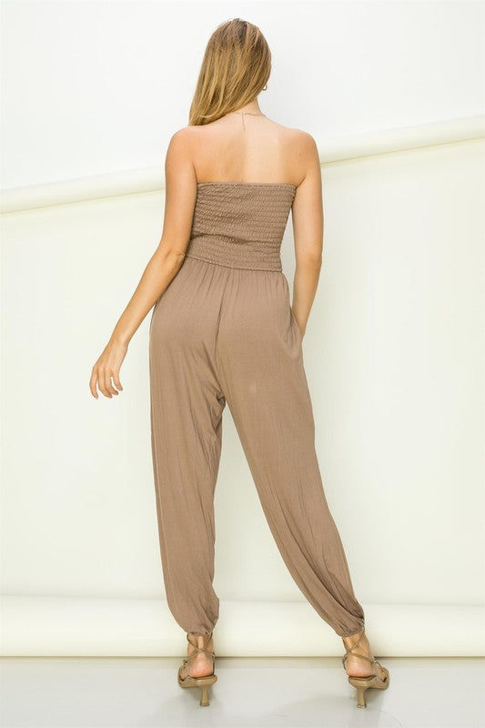 SMOCKED TUBE WITH SPLIT HEM JUMPSUIT