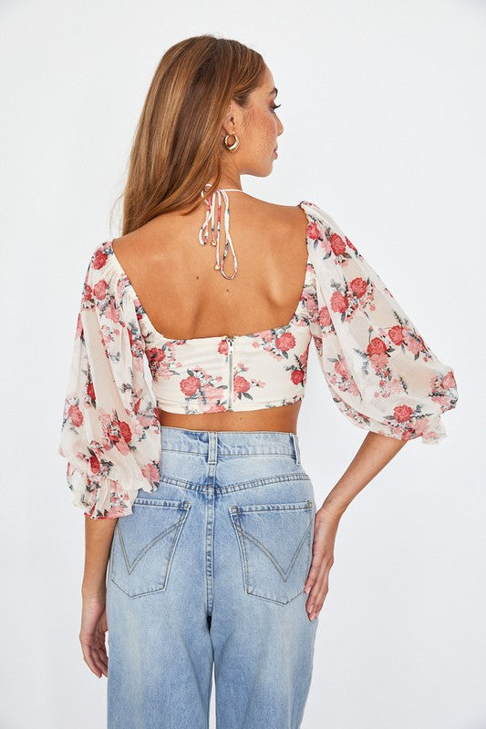 Floral Crop Top Chiffon Ballon Sleeved