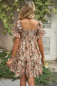 Smocked Printed Flounce Sleeve Mini Dress