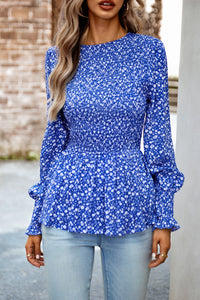 Round Neck Flounce Sleeve Peplum Long Sleeve Top Blue