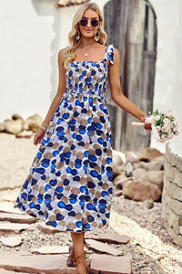 Royal Blue Printed Smocked Tie Shoulder Midi Dress