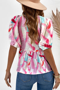 Printed V-Neck Babydoll Short Sleeve Blouse