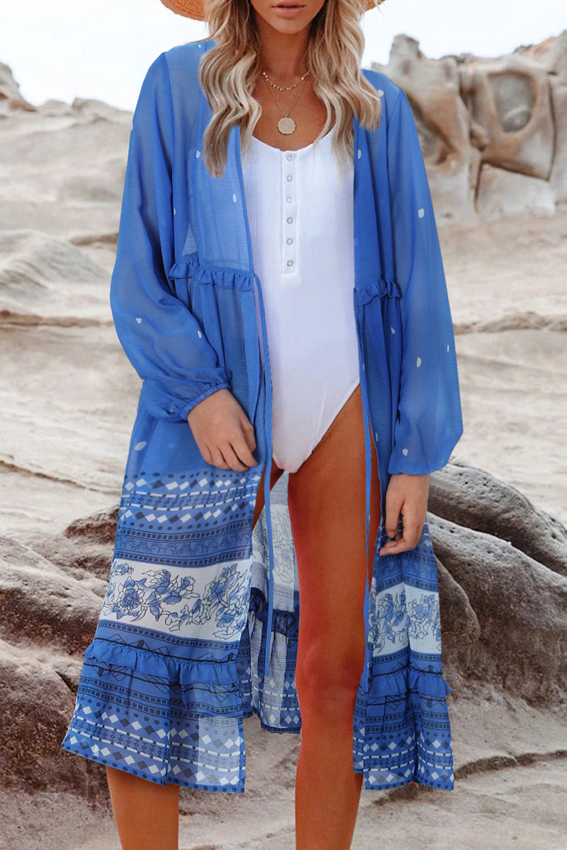 Printed Long Sleeve Tie Front Cover Up Blue