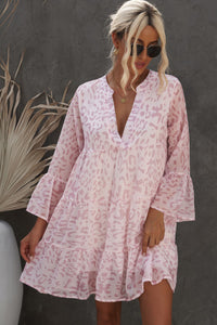 Printed Notched Neck Flare Sleeve Tiered Mini Dress Pink