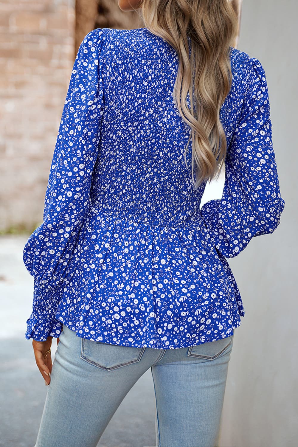 Round Neck Flounce Sleeve Peplum Long Sleeve Top Blue