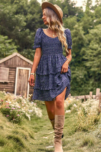 Smocked Sweetheart Neck Flounce Sleeve Mini Dress Blue