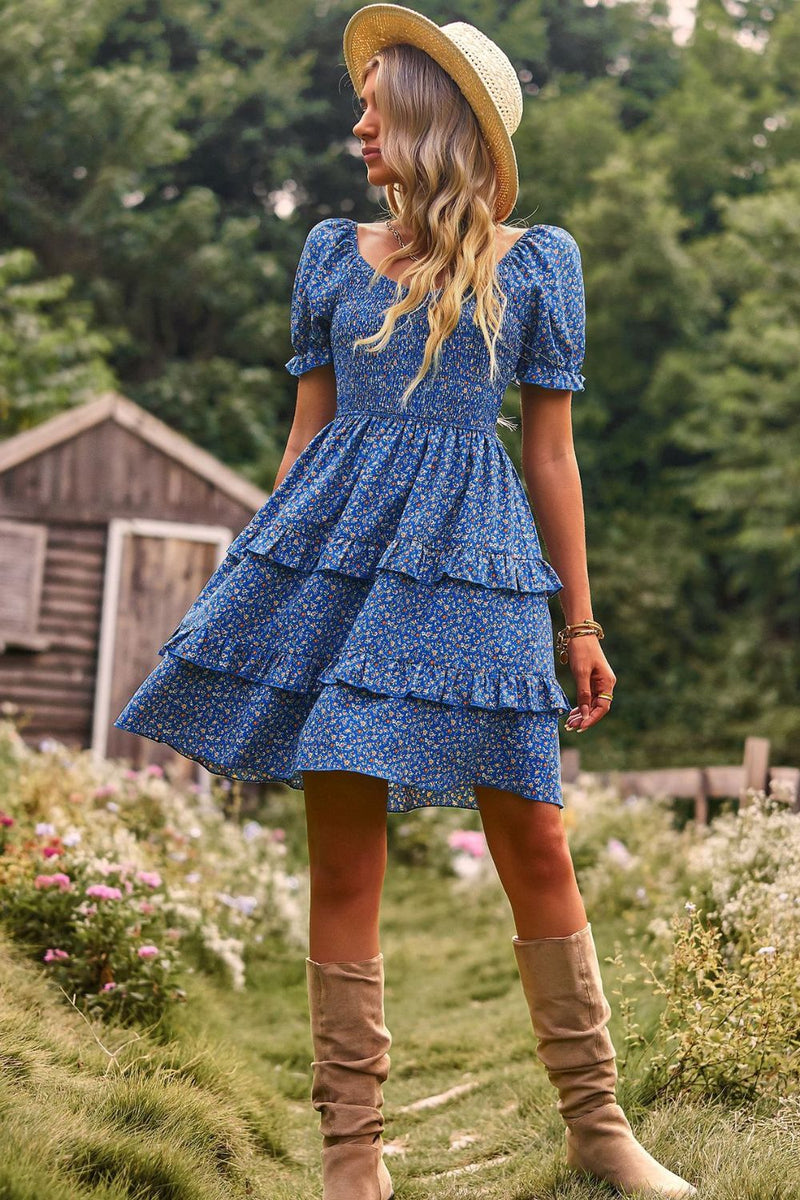 Smocked Sweetheart Neck Flounce Sleeve Mini Dress Blue