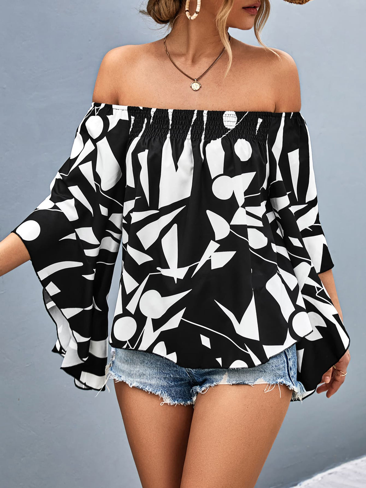 Printed Off-Shoulder Bell Long Sleeve Blouse Black & White