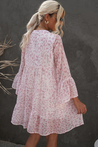 Printed Notched Neck Flare Sleeve Tiered Mini Dress Pink