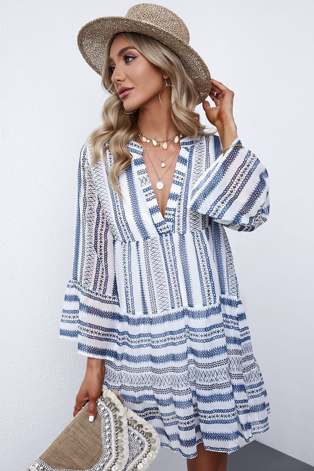 Printed Notched Neck Flare Sleeve Tiered Mini Dress Stripes