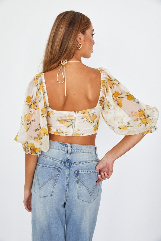 Floral Crop Top Chiffon Ballon Sleeved