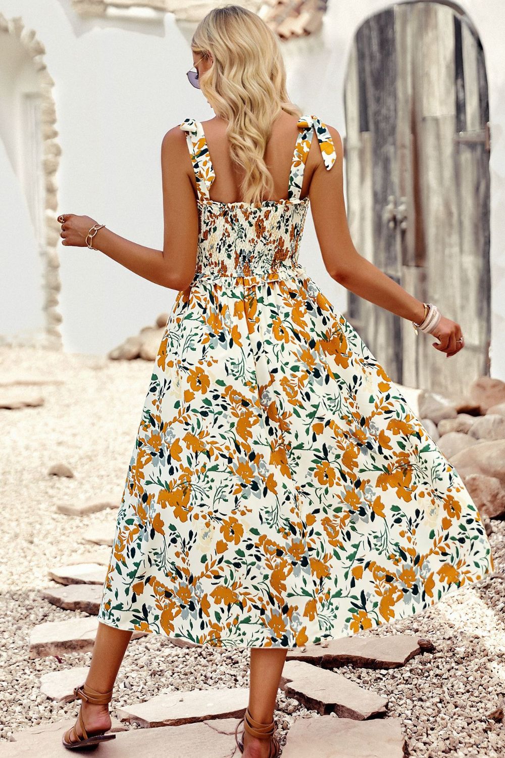 Printed Smocked Tie Shoulder Midi Dress Yellow