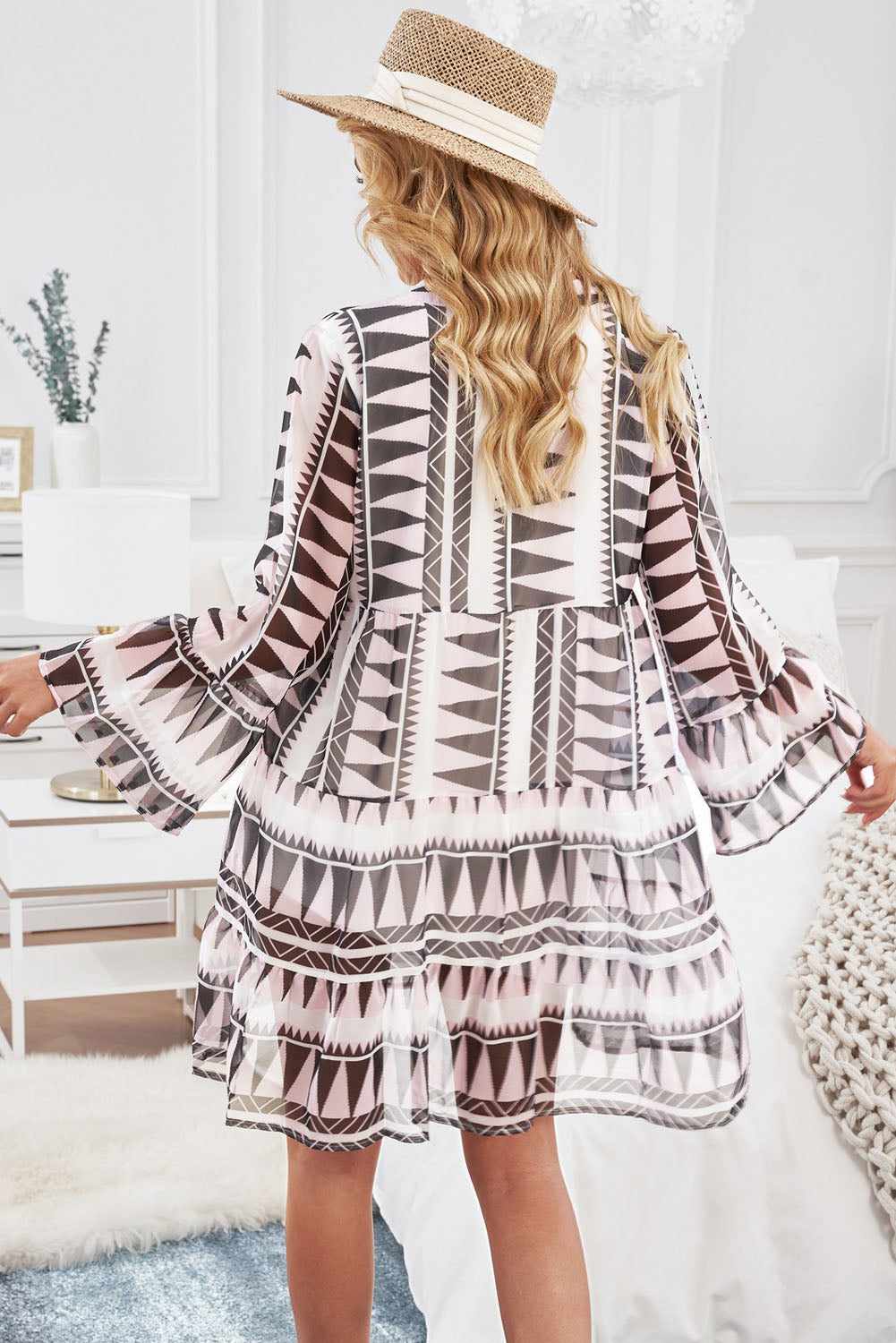 Printed Notched Neck Flare Sleeve Tiered Mini Dress Stripes