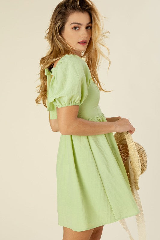 Tie Back With Puff Sleeves Mini Dress