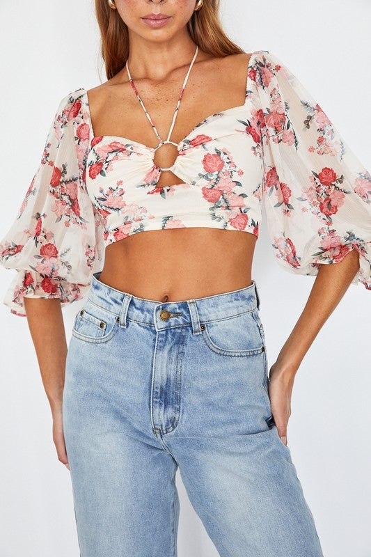 Floral Crop Top Chiffon Ballon Sleeved