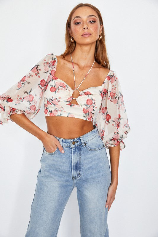 Floral Crop Top Chiffon Ballon Sleeved