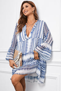 Printed Notched Neck Flare Sleeve Tiered Mini Dress Stripes