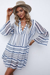 Printed Notched Neck Flare Sleeve Tiered Mini Dress Stripes