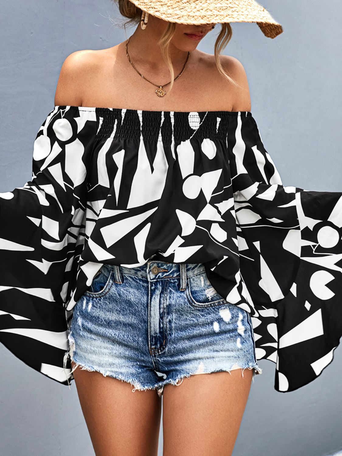 Printed Off-Shoulder Bell Long Sleeve Blouse Black & White