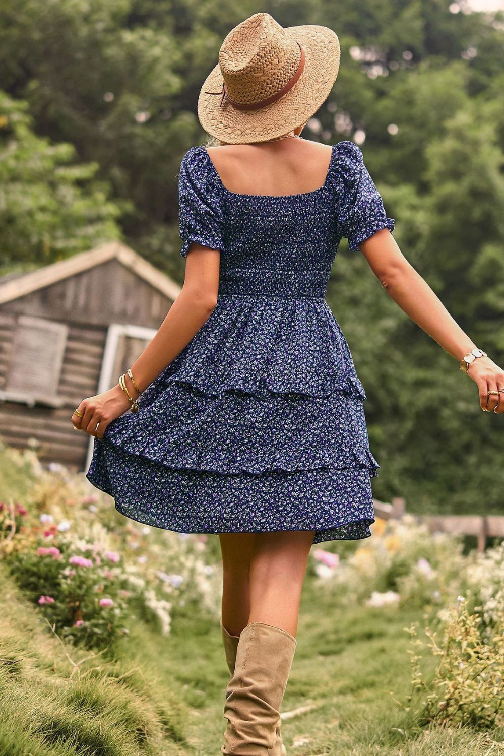 Smocked Sweetheart Neck Flounce Sleeve Mini Dress Blue