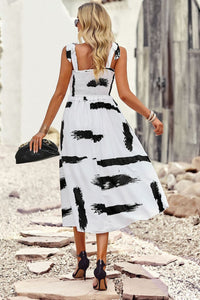 Printed Smocked Tie Shoulder Midi Dress White & Black