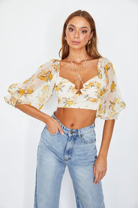 Floral Crop Top Chiffon Ballon Sleeved