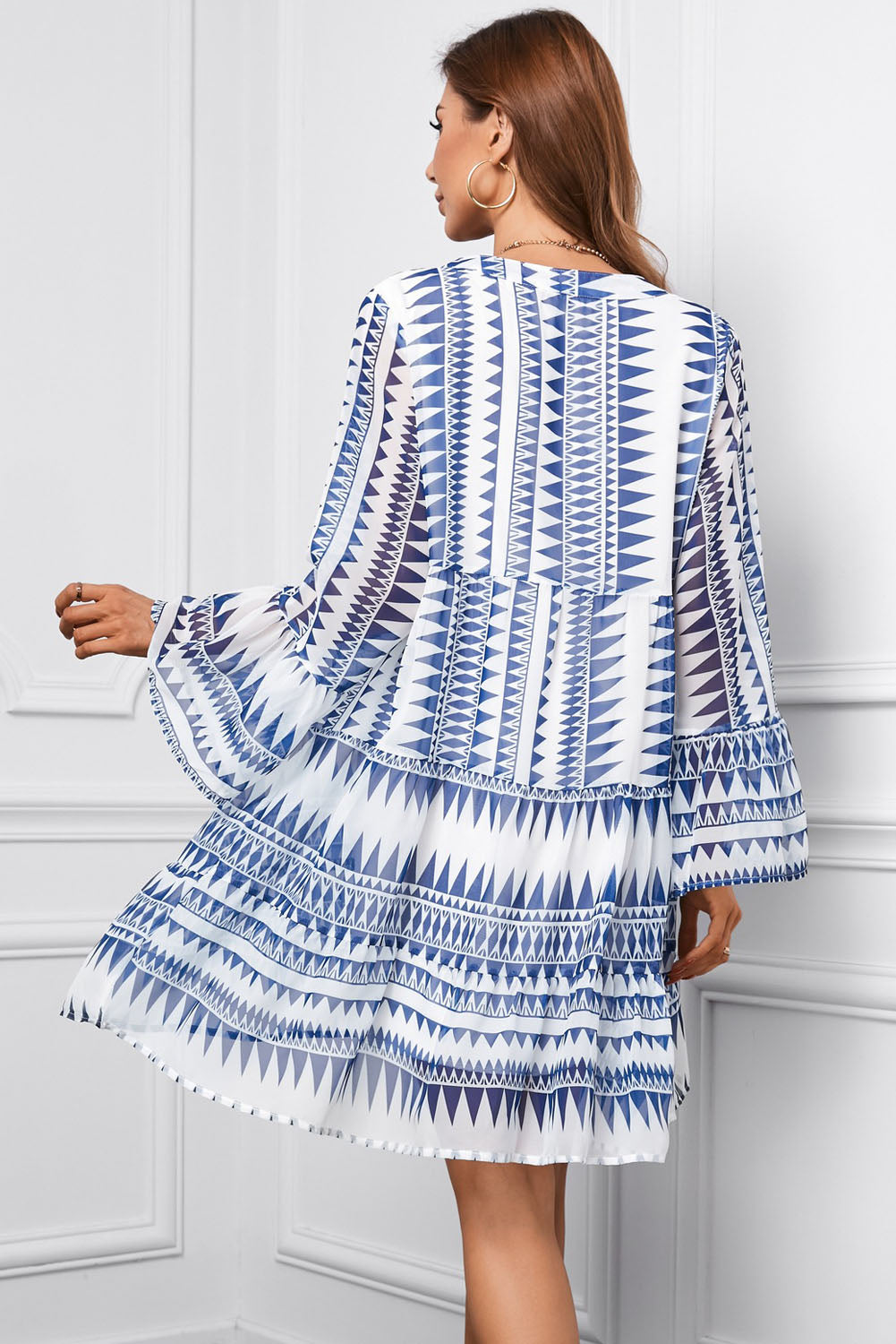 Printed Notched Neck Flare Sleeve Tiered Mini Dress Stripes