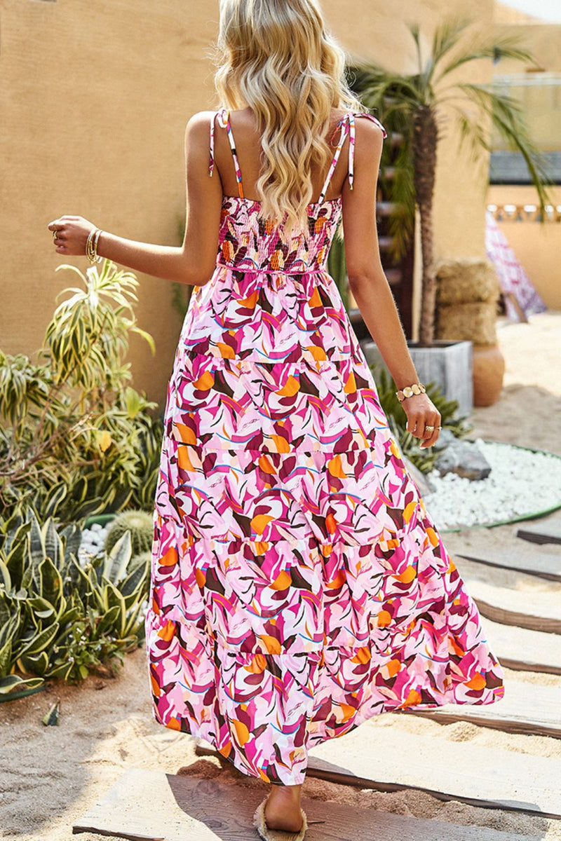 Printed Tie-Shoulder Smocked Maxi Dress Pink