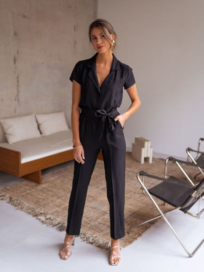 Tied Collared Neck Short Sleeve Jumpsuit