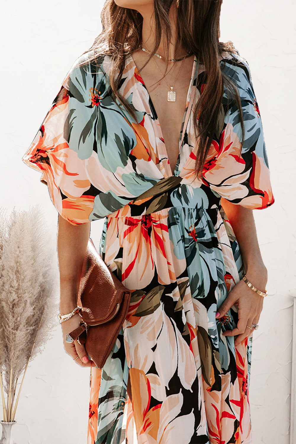 Plunge Printed Split Midi Dress