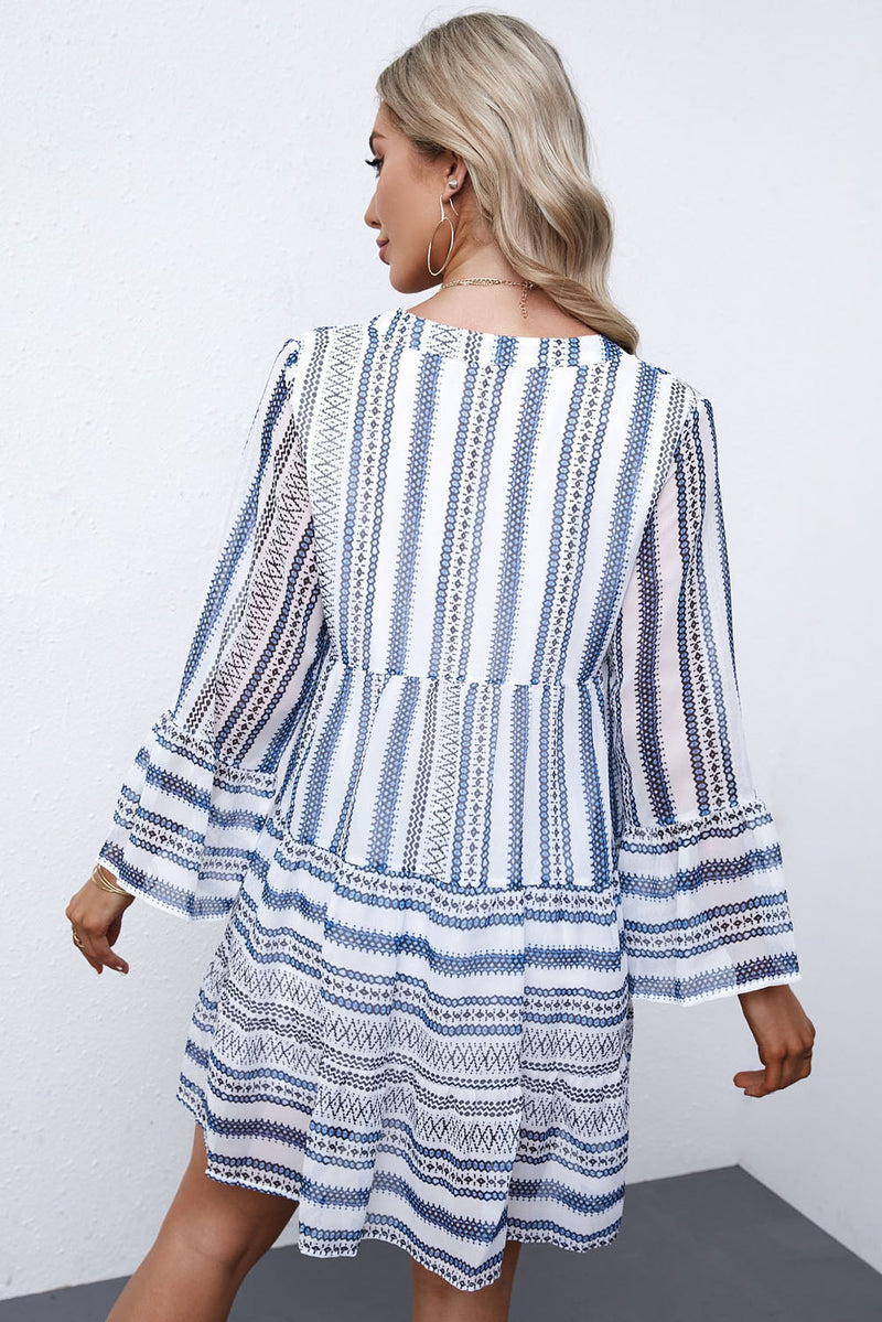 Printed Notched Neck Flare Sleeve Tiered Mini Dress Stripes