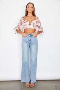 Floral Crop Top Chiffon Ballon Sleeved