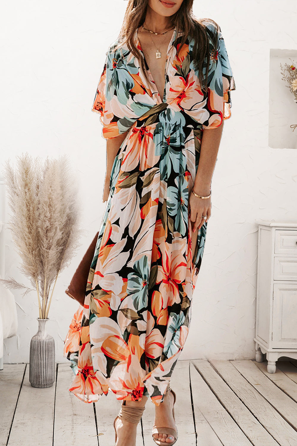 Plunge Printed Split Midi Dress