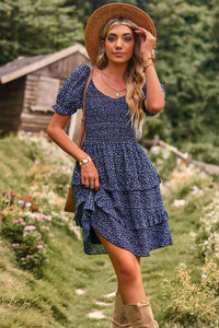 Smocked Sweetheart Neck Flounce Sleeve Mini Dress Blue