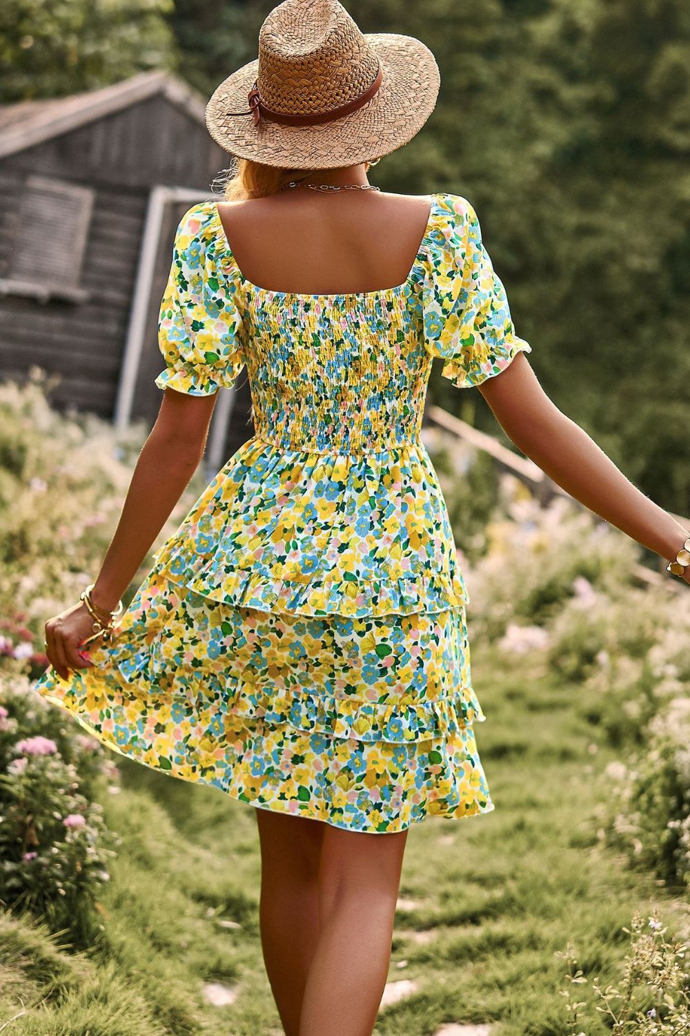 Smocked Sweetheart Neck Flounce Sleeve Mini Dress Yellow