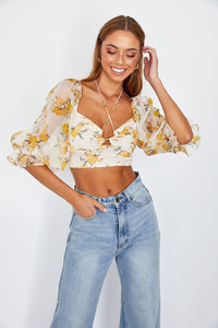 Floral Crop Top Chiffon Ballon Sleeved