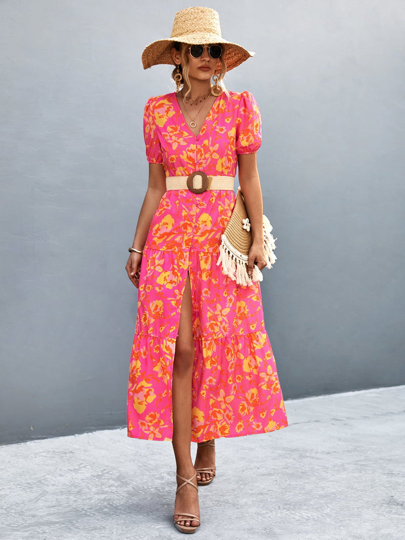 Strawberry V-Neck Short Sleeve High Slit Midi Dress