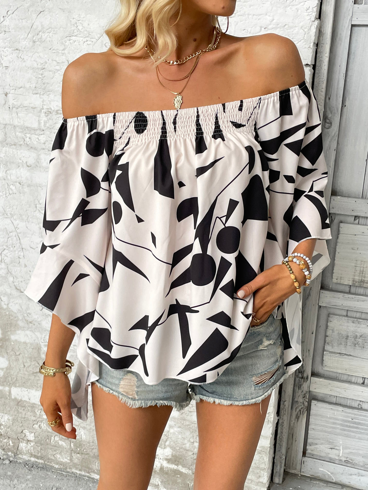 Printed Off-Shoulder Bell Long Sleeve Blouse Black & White