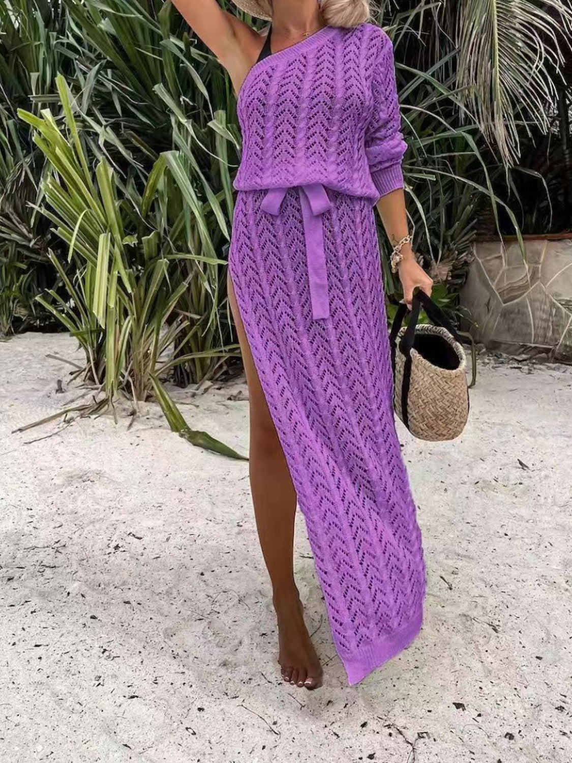 Slit Openwork Single Shoulder Knit Dress