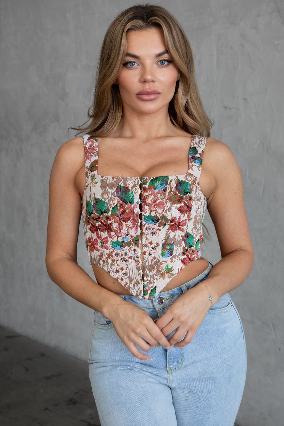 Abigail Tapestry Floral Print Corset Crop Top